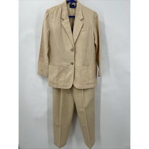 Vtg LizSport Petite Women's Cream Linen Cotton Pant Suit Sz P Career Cruise Wear